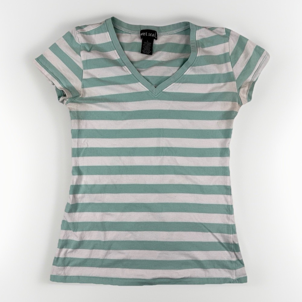 Vintage‎ Wet Seal Women's Striped V Neck Top L Green White Y2K Preppy Millennial